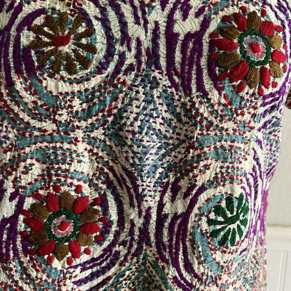 Women's Short Sleeve Side Split Tunic Kameez Multicolor Embroidered Cotton M - Picture 4 of 10